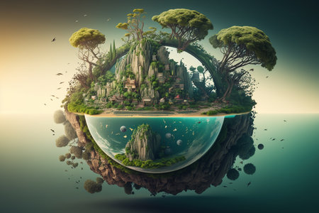 Fantasy island with trees and planet. 3d render illustration.の素材