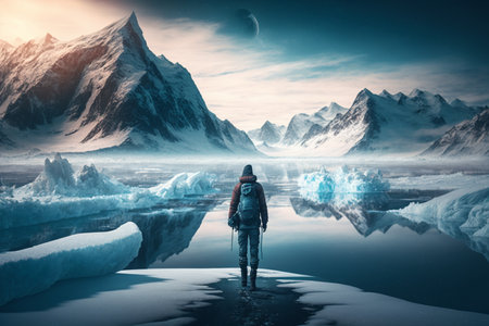 Man with backpack at the edge of a frozen lake in the mountainsの素材