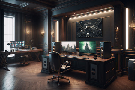 3d render of interior of the office with computers and equipment.の素材