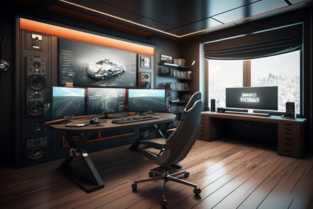 3D rendering of a gaming room with a lot of monitors and equipmentの素材