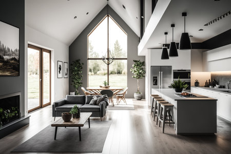 Interior of modern house, living room with kitchen and dining areaの素材