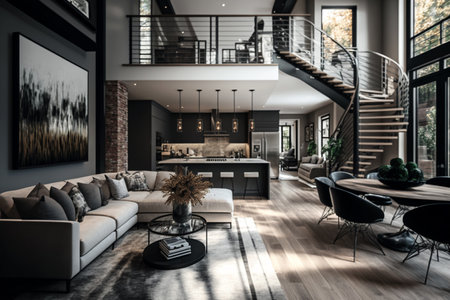 Interior of modern living room with brick walls, wooden floor, brown sofa, coffee table and black armchair. 3d renderingの素材