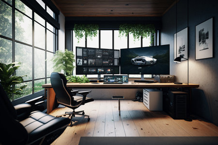 Modern interior of a dark office with a wooden floor. 3d rendering mock upの素材