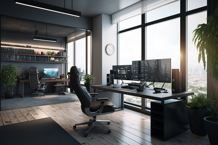 Modern office interior with computers and city view. 3D Renderingの素材