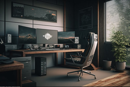 Interior of modern office with black and wooden walls, wooden floor, computer tables with monitors and chairs. 3d renderingの素材