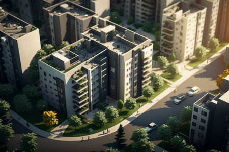 3d render of a city street with green trees and buildings.の素材