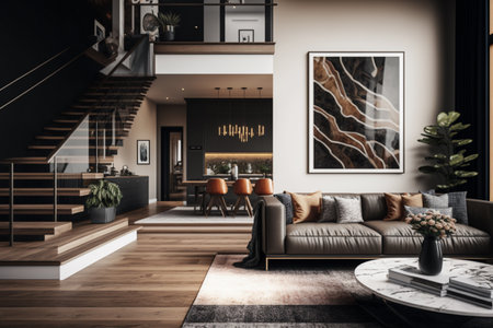 Interior of modern living room with brown sofa and coffee table. 3d renderingの素材