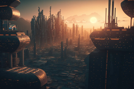3D illustration of futuristic city with skyscrapers and other buildingsの素材