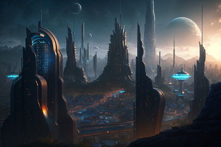 Fantasy alien planet in the sky. 3d render illustration.の素材