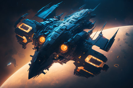 Futuristic space ship in outer space. 3D rendering.の素材