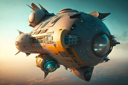 Futuristic spaceship flying above the clouds. 3D render.の素材