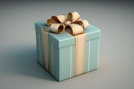 Blue gift box with golden bow on grey background. 3D renderingの素材