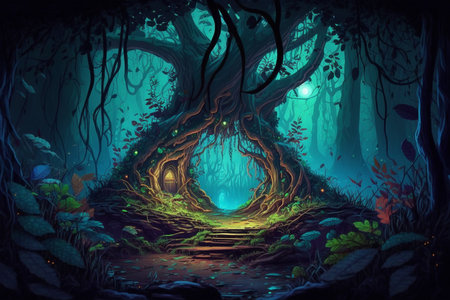 Mysterious dark forest at night. Fantasy landscape. Digital painting.の素材