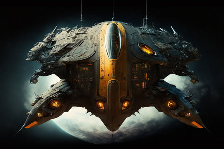 Futuristic spaceship in the space. 3d render illustration.の素材