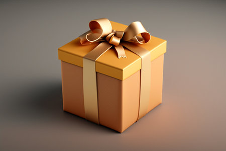 Gold gift box with bow on grey background. 3d illustration.の素材