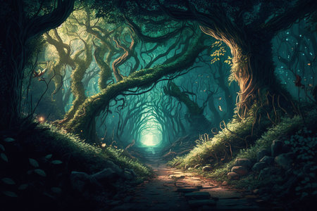 Mysterious dark forest. Halloween background. 3D Renderingの素材