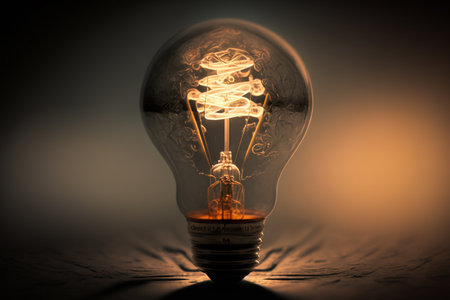 Incandescent light bulb glowing in the dark. Conceptual image.の素材