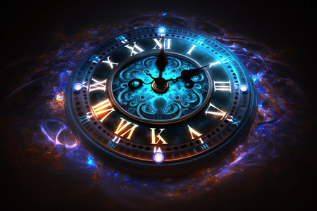 Clock face. 3D surreal illustration. Sacred geometry. Mysterious psychedelic relaxation pattern. Fractal abstract texture. Digital artwork graphic astrology magicの素材