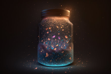 3d rendering of a magic potion in a glass jar on a dark backgroundの素材