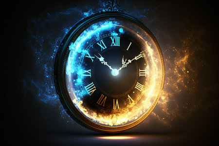 Glowing clock face on dark background. Time concept. 3D renderingの素材