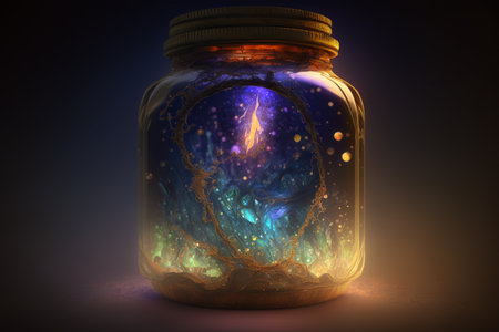 Magic potion in a glass jar on a dark background. 3D renderingの素材