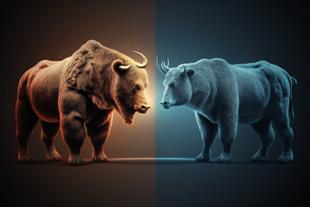 Bull and bear in front of a blue and orange background with copy spaceの素材