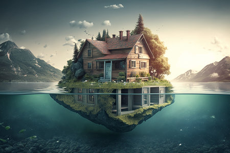 House floating in water with mountains on background. Mixed media. Mixed mediaの素材