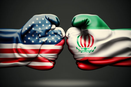 USA vs Iran conflict, boxing gloves as a fight between two countries, 3D illustrationの素材