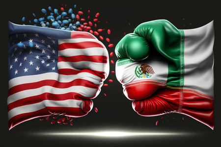 USA vs Belize boxing match, fight or conflict concept as two boxing gloves with USA and Belize flags, 3D illustration.の素材