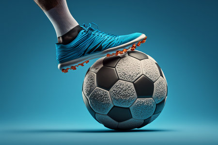 Soccer player foot and ball on blue background. 3D renderingの素材