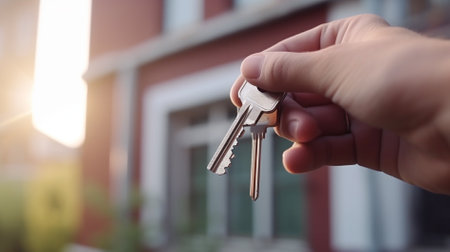 Real estate agent handing over keys to customer, close-up.の素材