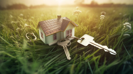 House and keys on green grass. Real estate and property concept.の素材