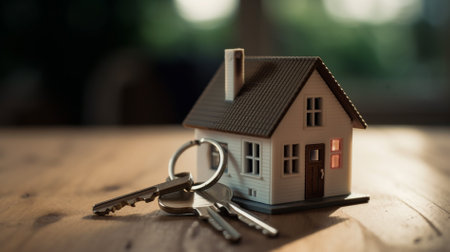 Miniature house with key on wooden table. Real estate concept.の素材