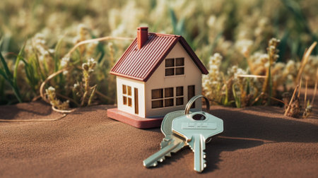 House and keys on the background of a wheat field. Concept of buying or selling real estate.の素材
