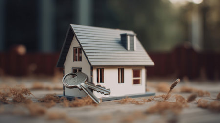Real estate concept. House model with key on wooden background. Selective focusの素材