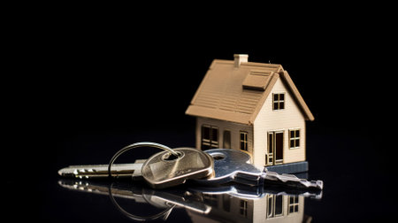 House key with keychain on black background. Real estate concept.の素材