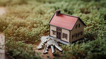House and keys on green moss background. Real estate and property concept.の素材