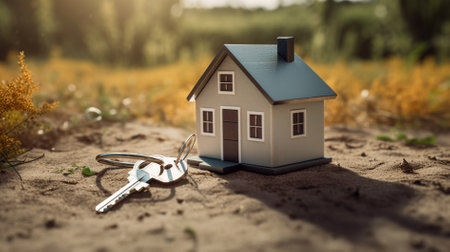 House and keys on the background of a field. Real estate concept.の素材