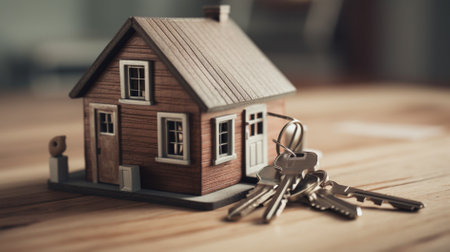 House model and keys on wooden table. Real estate concept. Selective focus.の素材