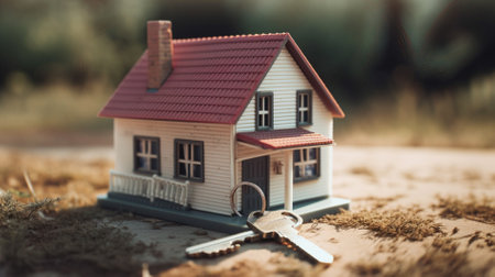 Miniature house with key on the grass. Real estate concept.の素材