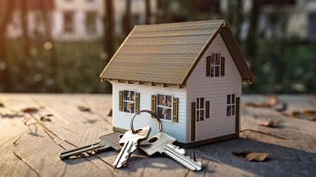 House model with keys on a wooden background. Real estate concept.の素材