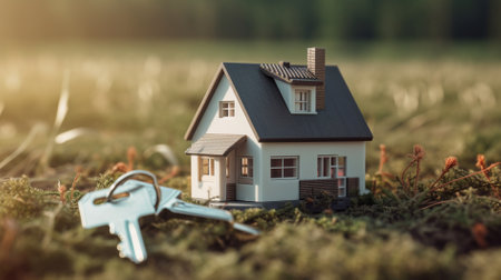 House model and keys on green moss background. Real estate concept.の素材