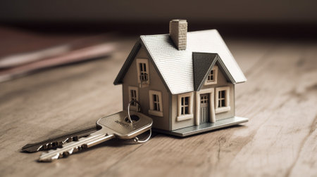 House with keys on a wooden background. Real estate concept. Buying and selling home.の素材
