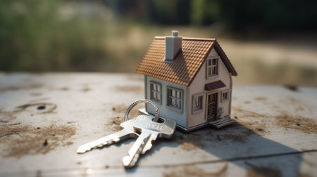 House key with keychain in the shape of a house on wooden backgroundの素材