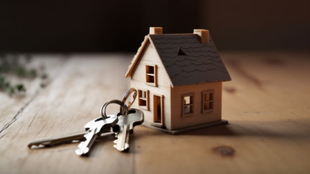 Miniature house with keys on wooden background. Real estate concept.の素材