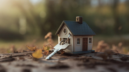 House key with keychain in the shape of a house on the background of autumn leavesの素材