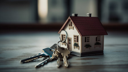 House with keys on the wooden table. Real estate concept. Selective focus.の素材