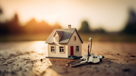 Miniature house and keys on the ground. Real estate concept.の素材