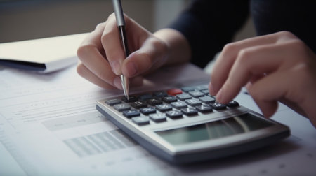 Accounting Calculating Mathematic Economic Finance Concept. Businesswoman Accountingの素材