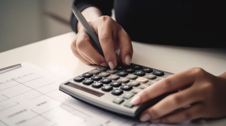 Closeup of businesswoman using calculator and writing on paper, business conceptの素材